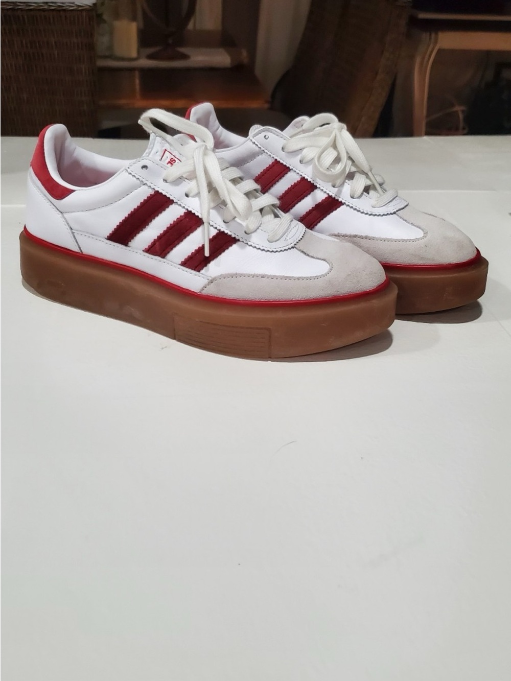 Adidas Super Sleek 72 with Burgundy Stripes and Gum Sole